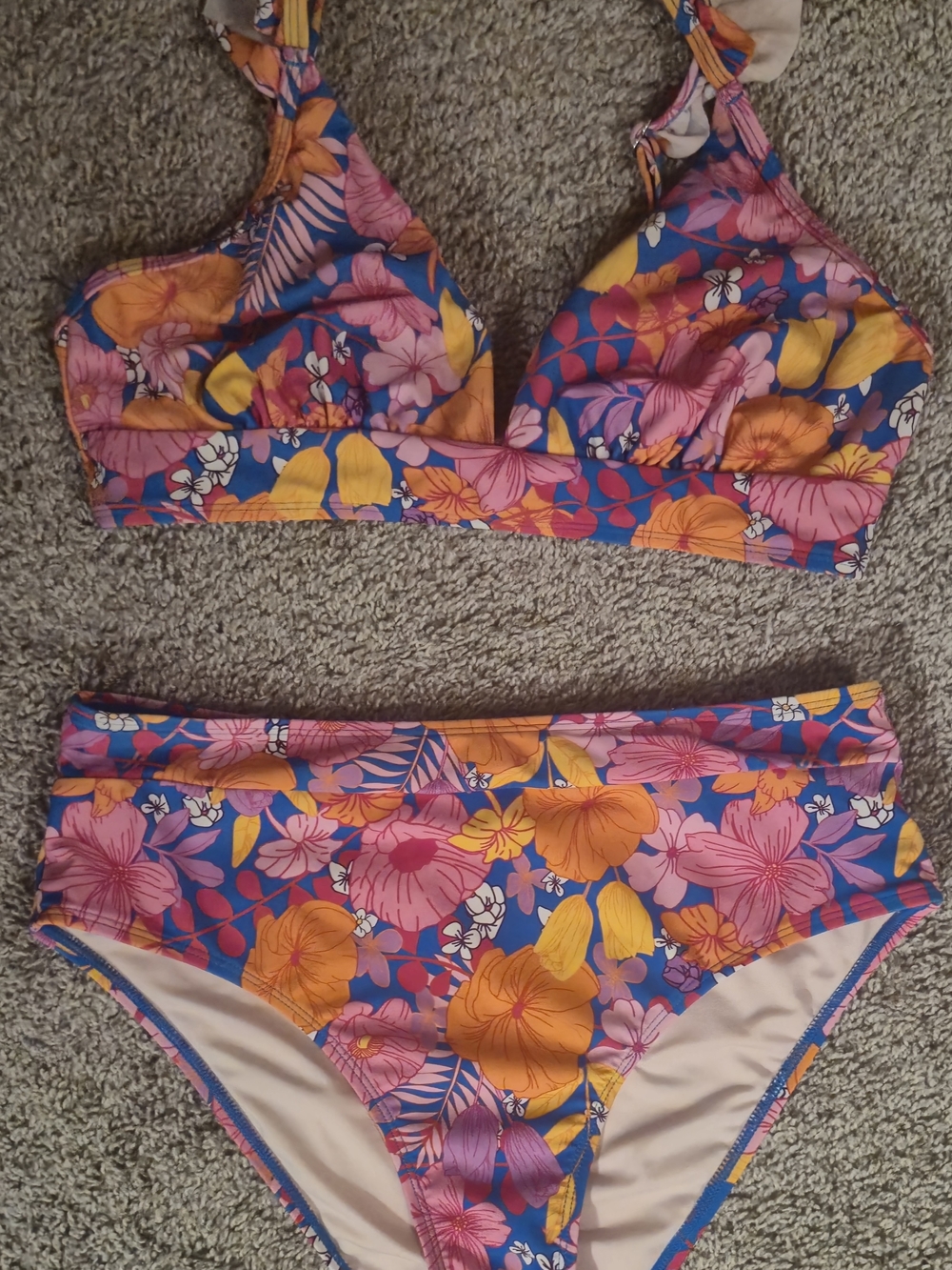 Tropical Floral High-Waist Bikini Set - Blue, Pink & Yellow Size Small